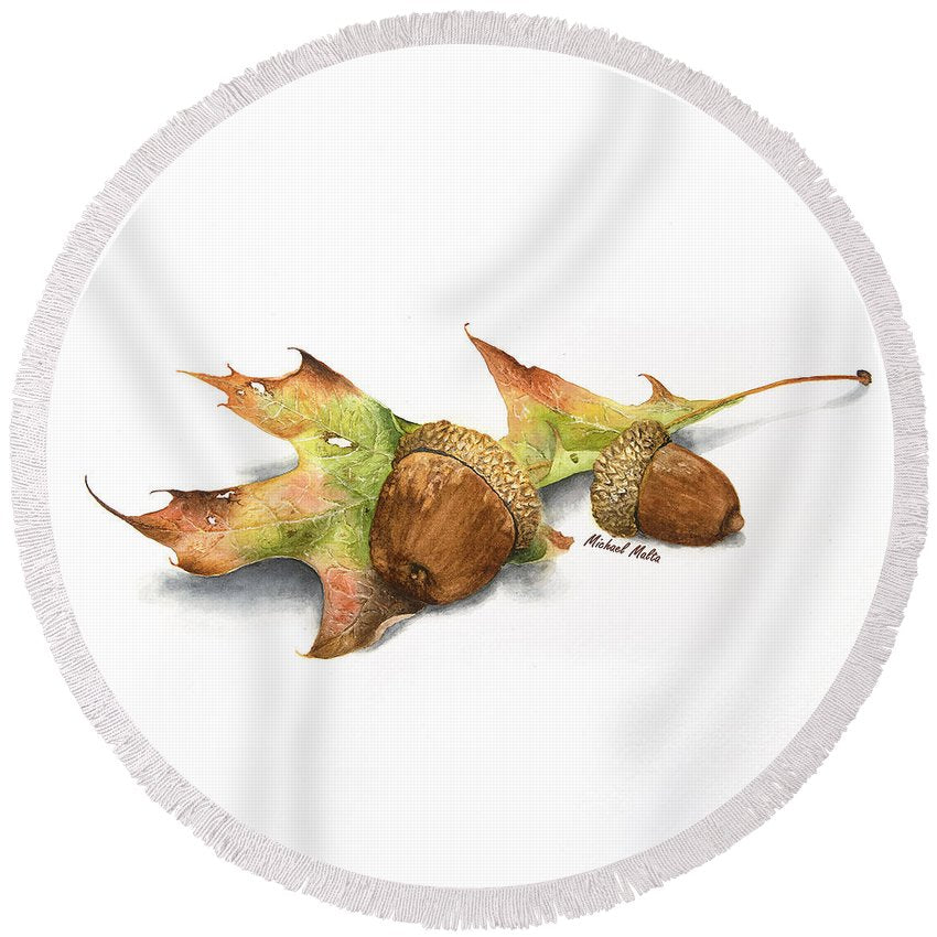 Autumn Oak And Acorns - Round Beach Towel